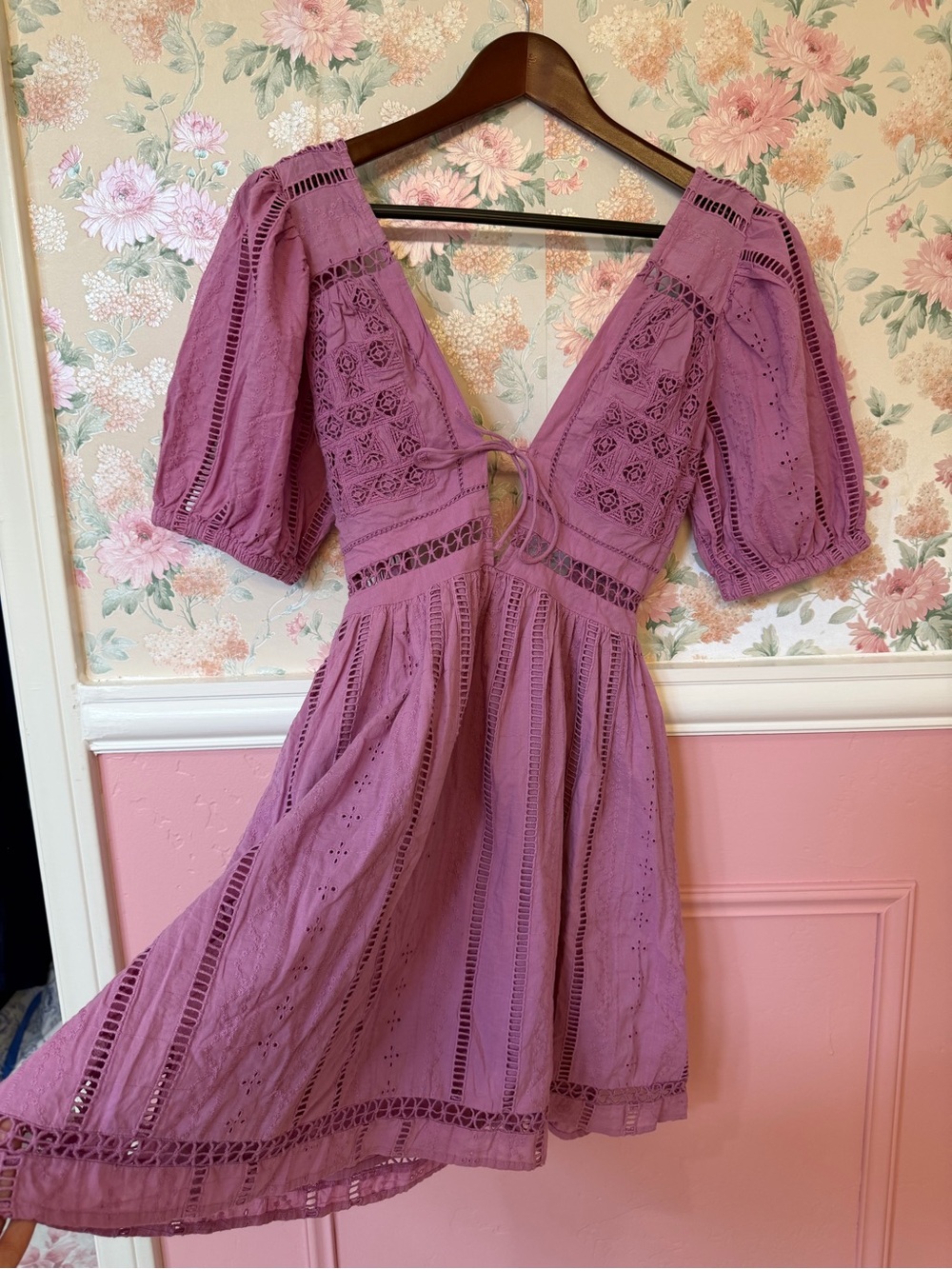 Urban Outfitters Mauve Eyelet Tie-Front Mini Dress